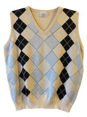 Vintage Classic Dexim Golf Wear Cream & Black Argyle V-Neck Knit Sweater Vest Si